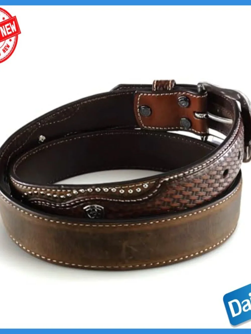 Men's Western Leather Belt with Basketweave Design and Nailhead Accents